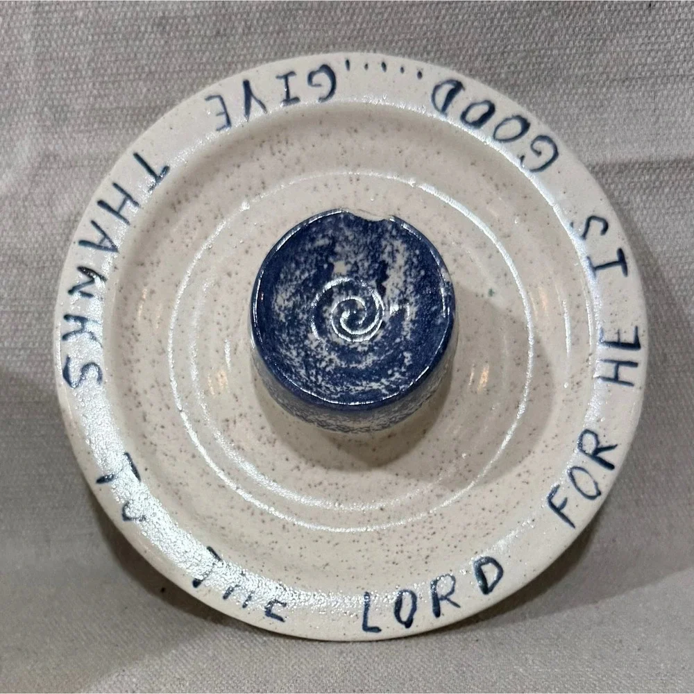 KW Studio Pottery Canister Give Thanks To The Lord Blue Cream Speckled 5x5